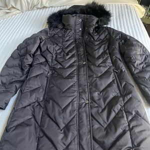 Kenneth Cole black puffer jacket with faux fur trimmed hood